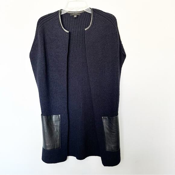 Ann Taylor Black Wool Blend Cardigan Sweater Sleeveless Faux Leather Details Sm - Picture 1 of 11